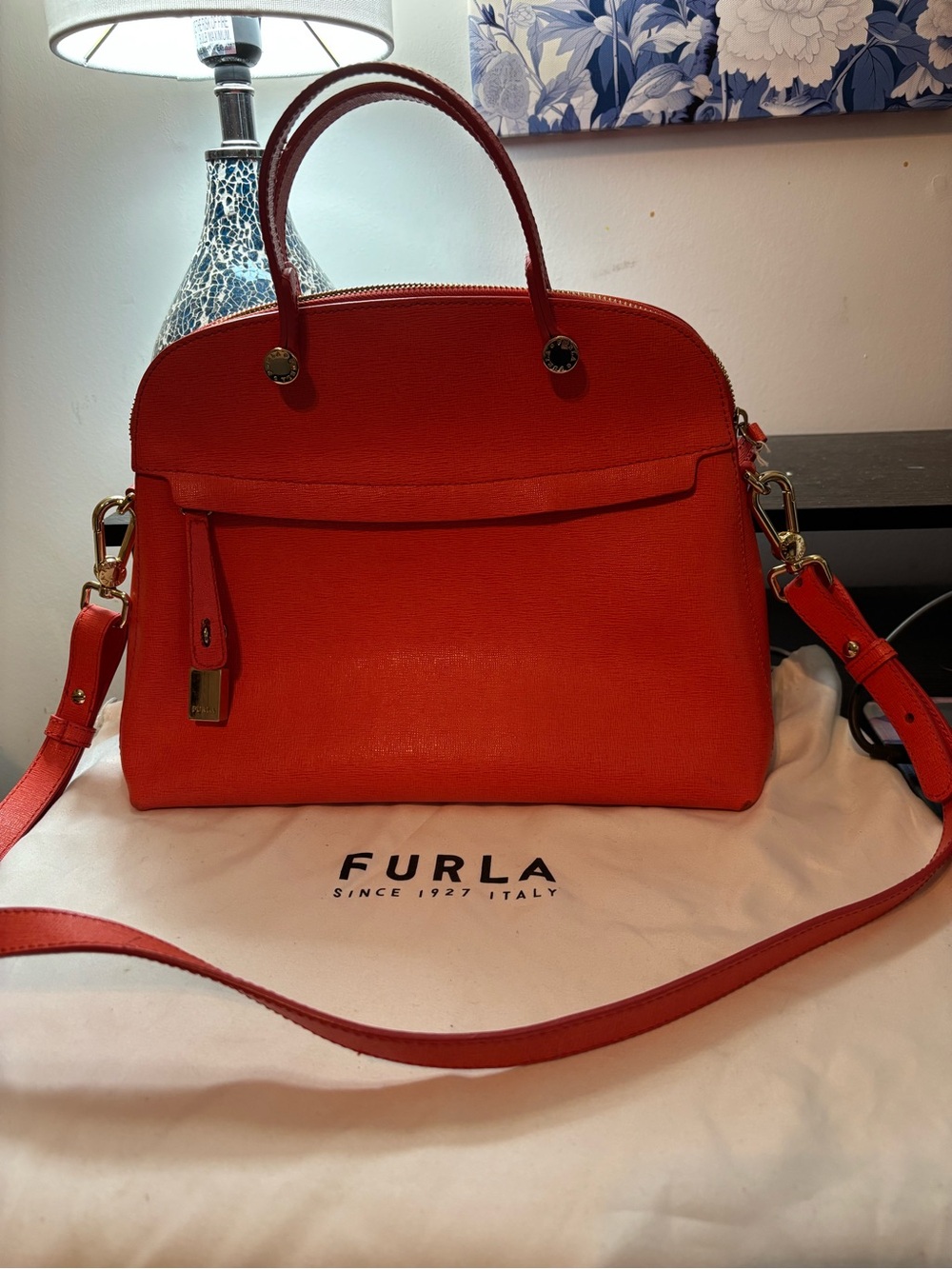 Authentic Furla Piper Red Orange Leather Dome Satchel Handbag + Dust Bag